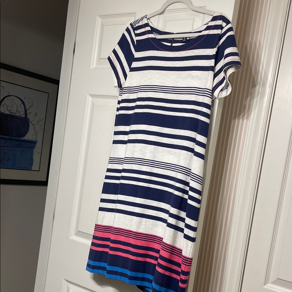 Hatley Navy and White Striped Dress with Pink and Blue Border